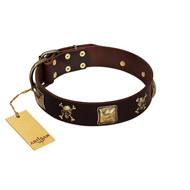 "Crazy Pirate" FDT Artisan Brown Leather Boxer Collar with Old Bronze-Plated Skulls and Plates