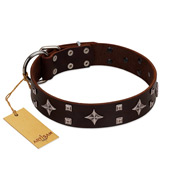 "Trendy Candy" FDT Artisan Brown Leather Boxer Collar Adorned with Stars and Tiny Squares