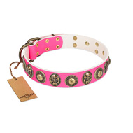 "Two Extremes" FDT Artisan Pink Leather Boxer Collar with Elegant Conchos and Medallions with Skulls
