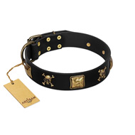 "Welcome on Board" FDT Artisan Black Leather Boxer Collar with Skulls and Crossbones Combined with Squares