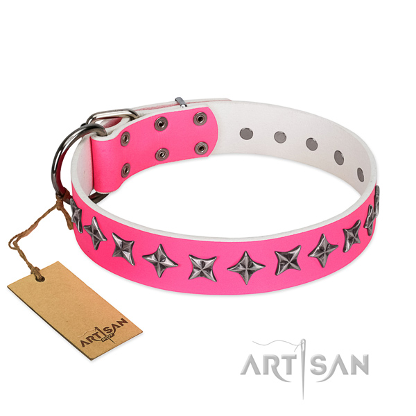 Quality full grain natural leather dog collar with inimitable decorations