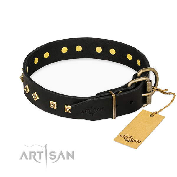 Rust resistant buckle on full grain leather collar for stylish walking your doggie