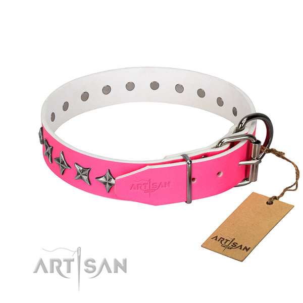 Strong genuine leather dog collar with designer adornments