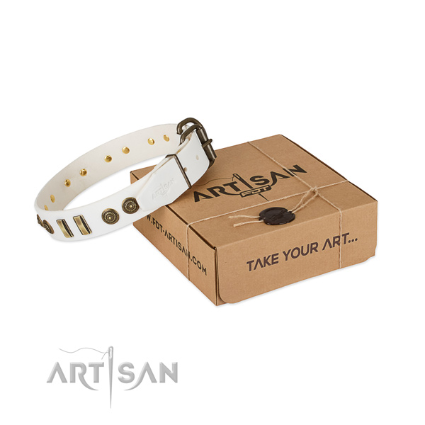 Corrosion proof decorations on genuine leather dog collar for your canine