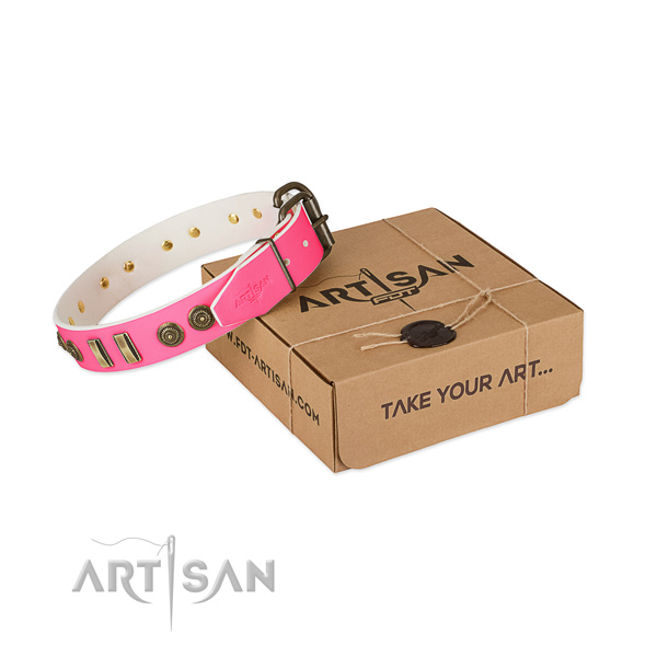 Corrosion resistant adornments on full grain genuine leather dog collar for your doggie