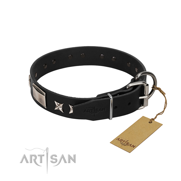 Soft full grain natural leather dog collar with reliable D-ring