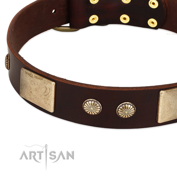 Corrosion resistant fittings on genuine leather dog collar for your doggie