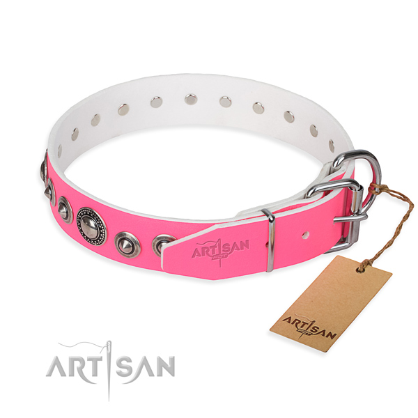 Natural genuine leather dog collar made of gentle to touch material with corrosion proof embellishments