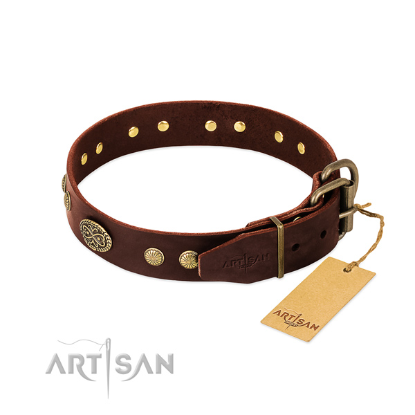 Corrosion proof traditional buckle on leather dog collar for your canine