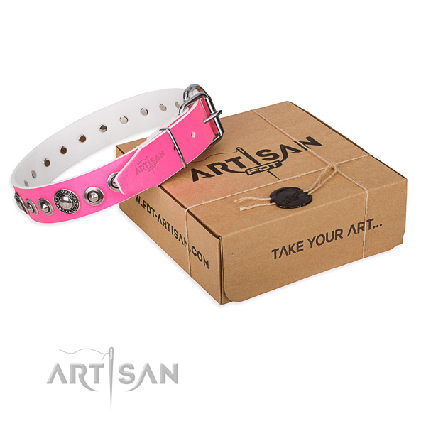 Full grain leather dog collar made of gentle to touch material with corrosion resistant D-ring