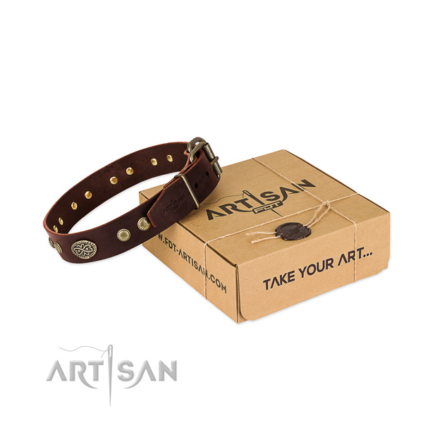 Corrosion resistant adornments on full grain genuine leather dog collar for your four-legged friend