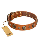 "Rockstar" FDT Artisan Tan Leather Boxer Collar with Engraved Studs and Medallions