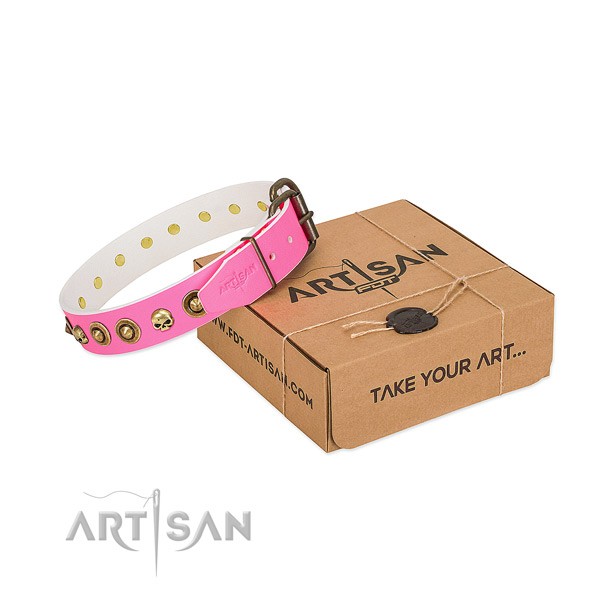 Full grain natural leather collar with remarkable embellishments for your four-legged friend