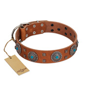 "Blue Sands" FDT Artisan Tan Leather Boxer Collar with Silver-like Studs and Round Conchos with Stones