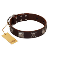 "Nut-Brown Finery" Embellished FDT Artisan Brown Leather Boxer Collar with Chrome Plated Crossbones and Plates