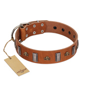 "Golden Crossbones" Handmade FDT Artisan Tan Leather Boxer Collar with Plates and Skulls