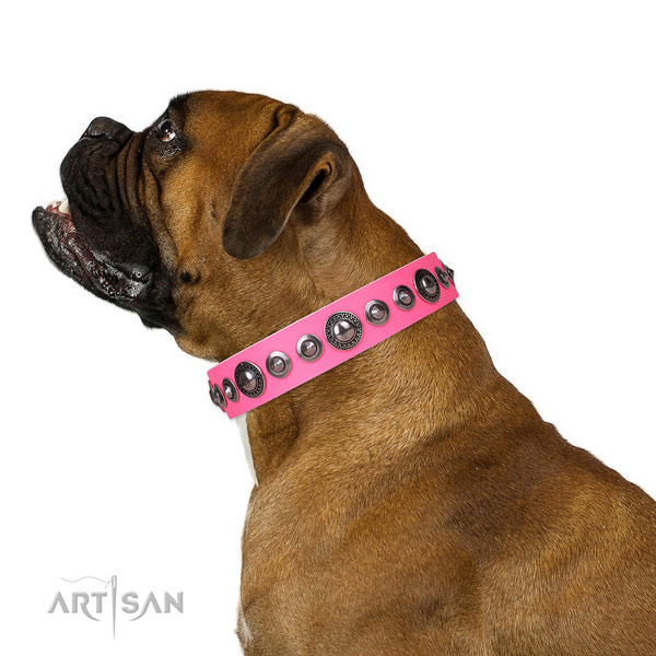 Exquisite adorned genuine leather dog collar for easy wearing