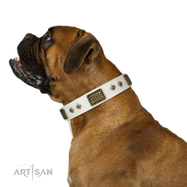 Handy use dog collar of genuine leather with inimitable decorations
