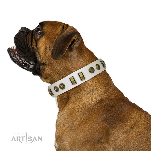 Corrosion resistant hardware on full grain genuine leather dog collar for daily walking