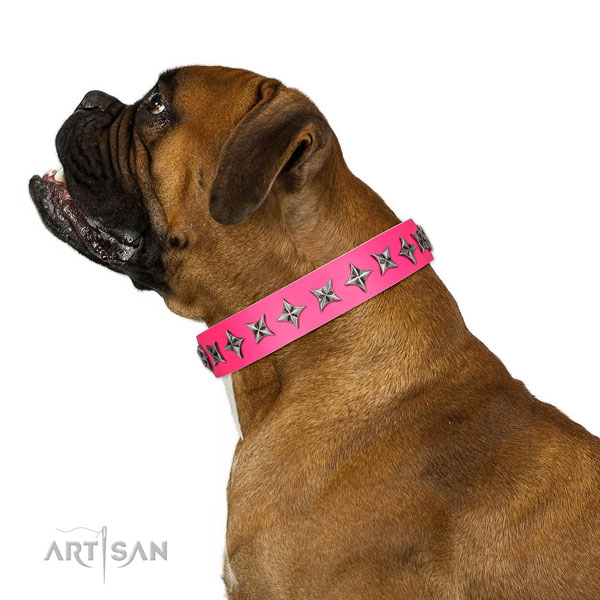 Best quality full grain natural leather dog collar with stylish decorations