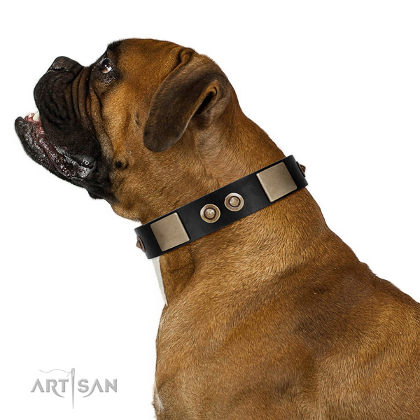 Reliable buckle on full grain genuine leather dog collar for everyday use