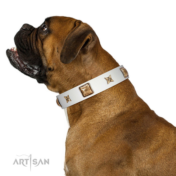 Easy wearing natural leather dog collar with decorations