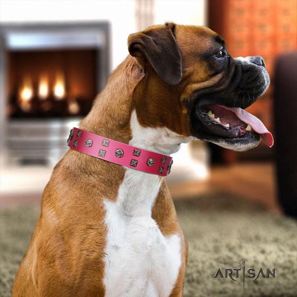 Boxer full grain natural leather collar with strong buckle for walking