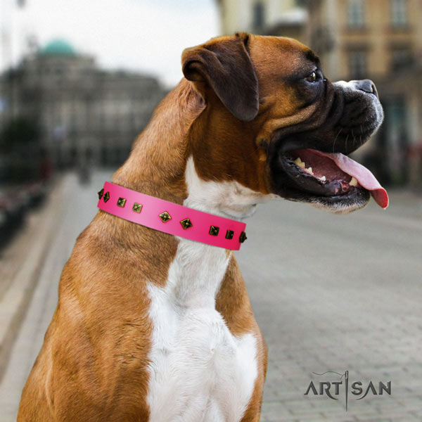 Boxer unique full grain leather collar with corrosion proof d-ring