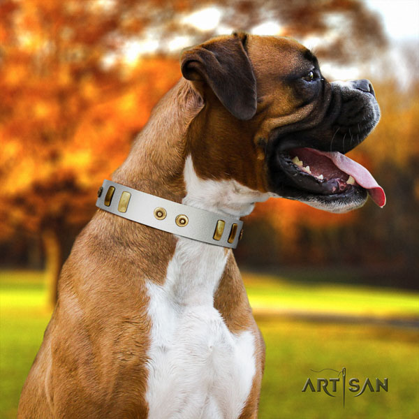 Boxer trendy natural genuine leather dog collar for fancy walking