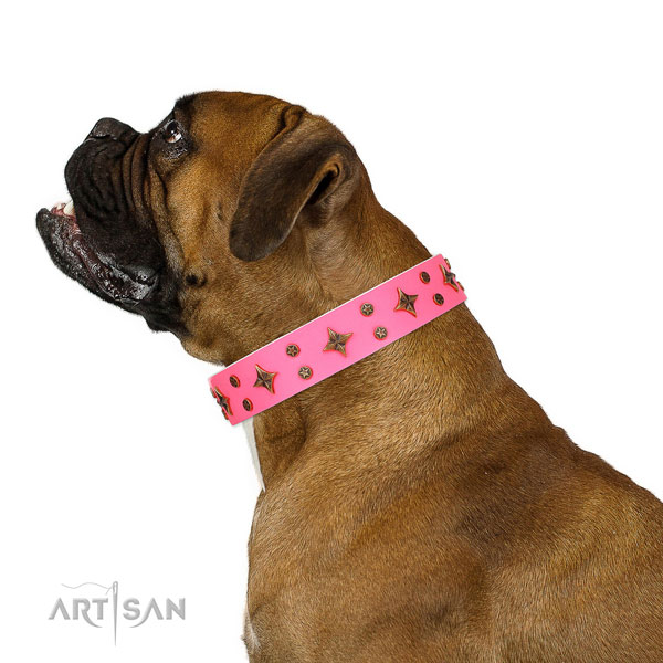 Boxer trendy natural genuine leather dog collar for fancy walking