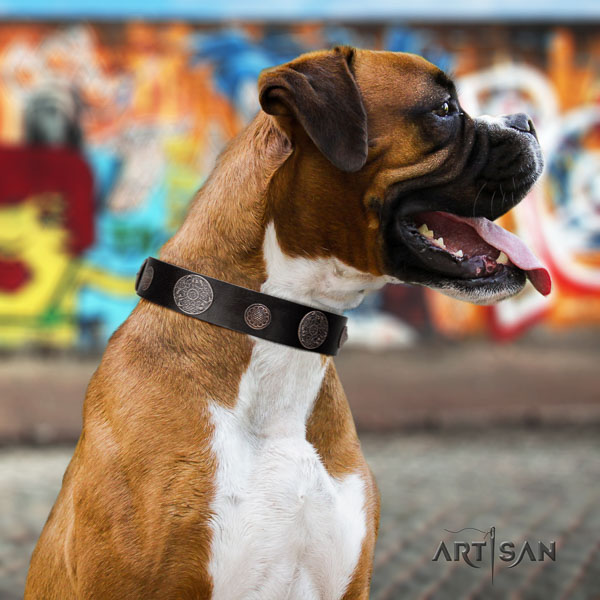 Boxer adorned full grain genuine leather dog collar for handy use