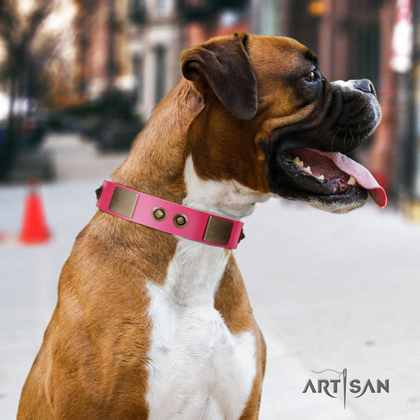 Boxer easy to adjust natural genuine leather dog collar for daily use