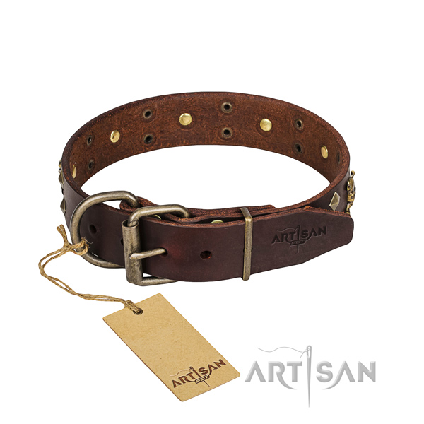 Hardwearing leather dog collar with non-rusting elements