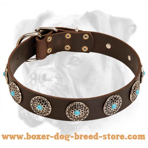 Boxer Leather Dog Collar with Curved Circles and Blue Stones