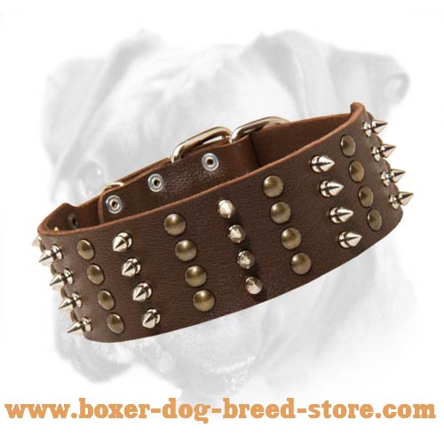 Exclusive Extra Wide Leather Boxer Collar with 4 Rows of Spikes and Studs
