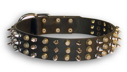 Leather Boxer Collar with 3 Rows of Spikes and Pyramids