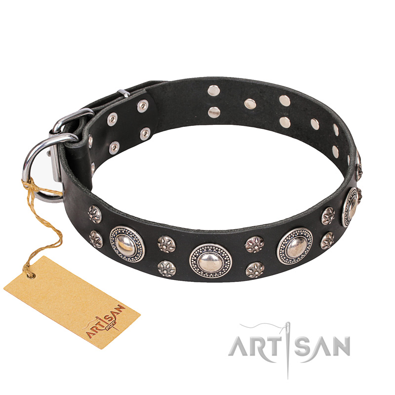 FDT Artisan 'Vintage Necklace' Studded Black Leather Boxer Dog Collar - 1 1/2 inch (40mm) wide