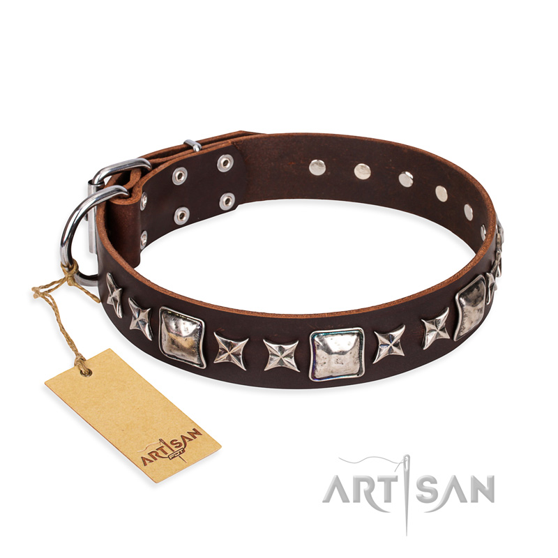 "Perfect Impression" FDT Artisan Brown Leather Boxer Collar with Silver-Like Studs - 1 1/2 inch (40 mm) Wide