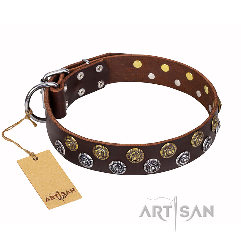 'Strong Shields' High-quality FDT Artisan Decorated Leather Boxer Collar - 1 1/2 inch (40 mm) wide