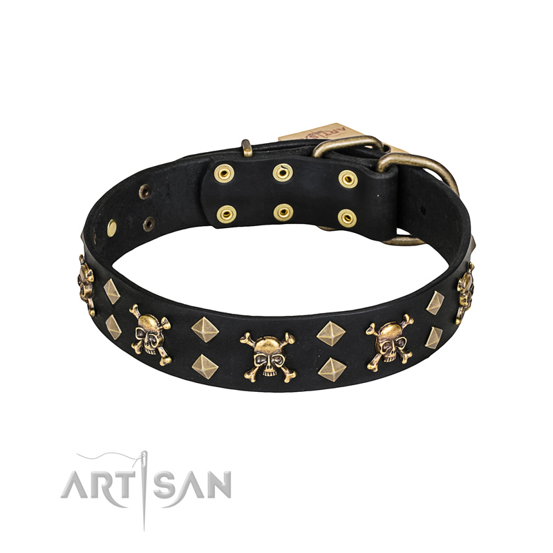 'Jolly Rojer' FDT Artisan Boxer Leather Dog Collar with Pirate Skulls and Studs - 1 1/2 inch (40 mm) wide