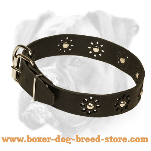 "Flower Blues" Boxer Leather Dog Collar - Click Image to Close
