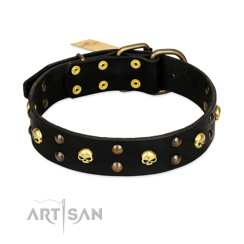 FDT Artisan 'Heavy Metal' Leather Boxer Collar with Skulls and Studs 1 1/2 inch (40 mm)