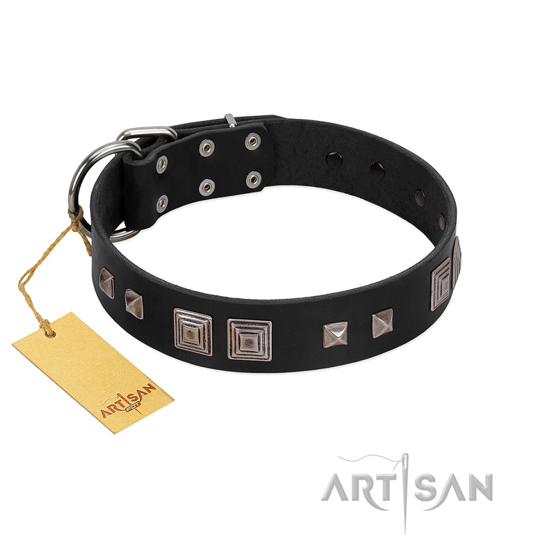 "Foregone Riches" FDT Artisan Black Leather Boxer Collar with Old Silver-like Square Studs and Pyramids