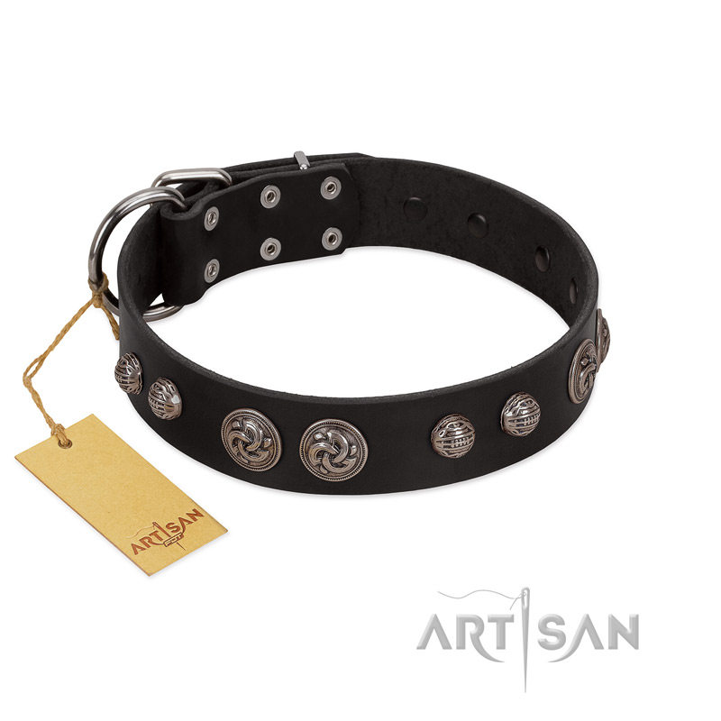 "Tricky Ricky" FDT Artisan Black Leather Boxer Collar Adorned with Silver-Like Conchos