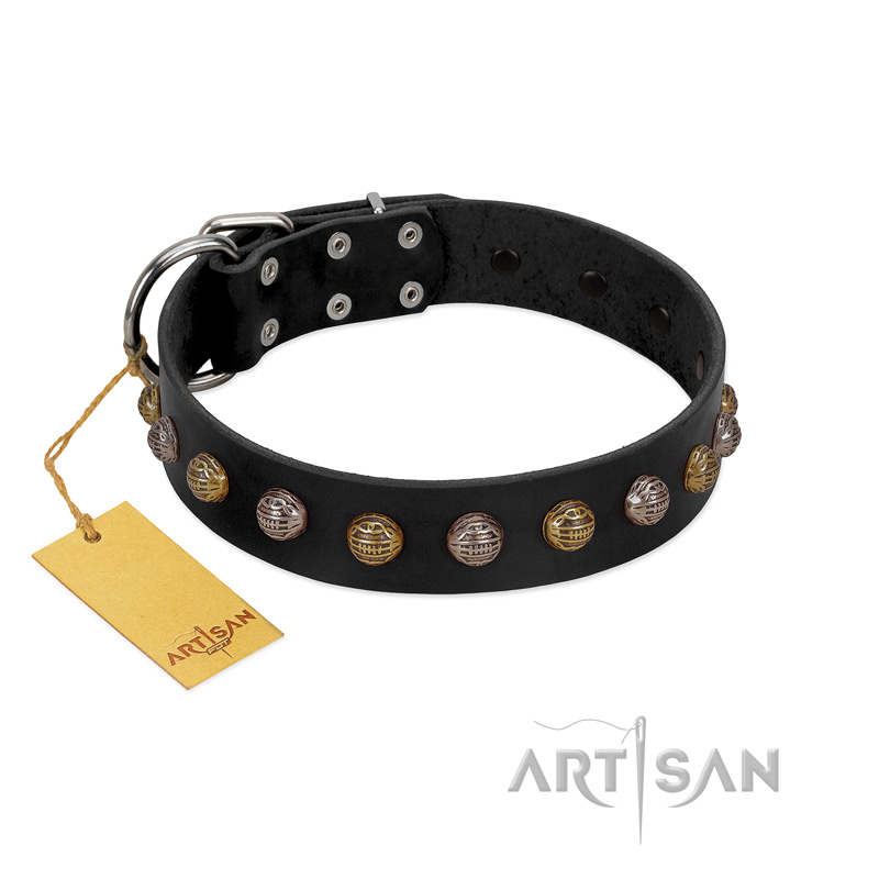 "Inky Prettification" FDT Artisan Black Leather Boxer Collar with One Row of Studs
