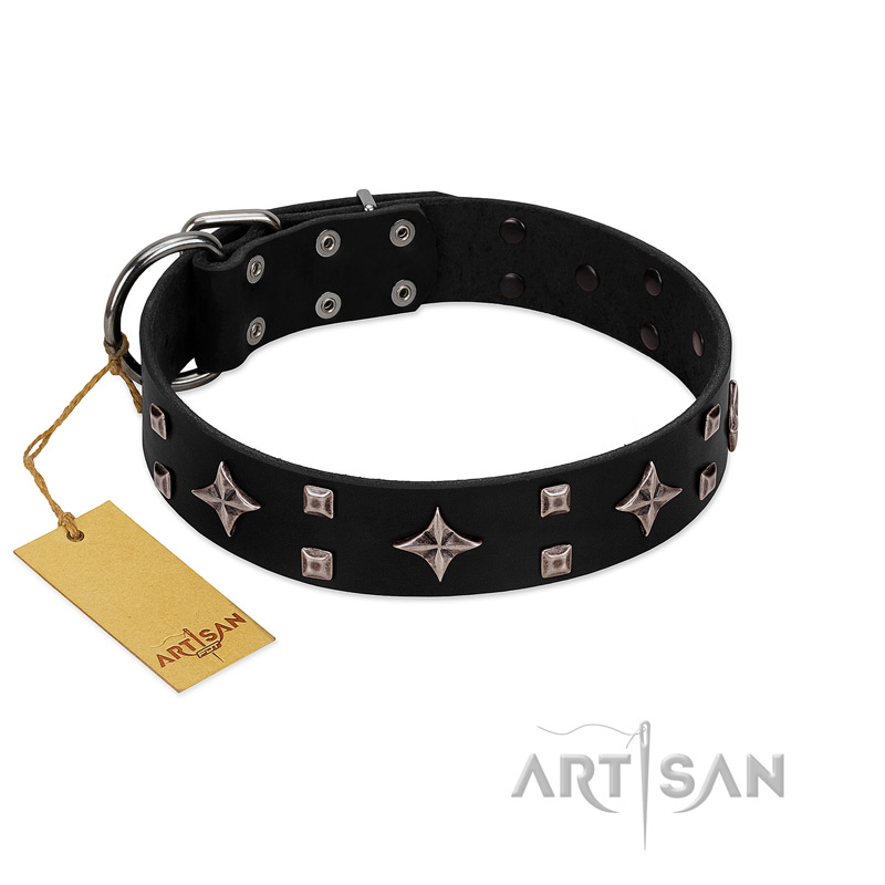 "Snappy Dresser" FDT Artisan Black Leather Boxer Collar Adorned with Stars and Tiny Squares