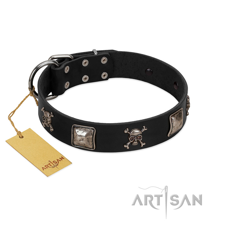 "Sea Rover" Embellished FDT Artisan Black Leather Boxer Collar with Chrome Plated Crossbones and Plates