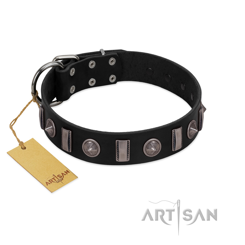 "Silver Spikes" Exclusive FDT Artisan Black Leather Boxer Collar