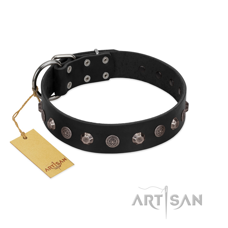 "Black Knight" Handmade FDT Artisan Black Leather Boxer Collar with Silver-Like Studs