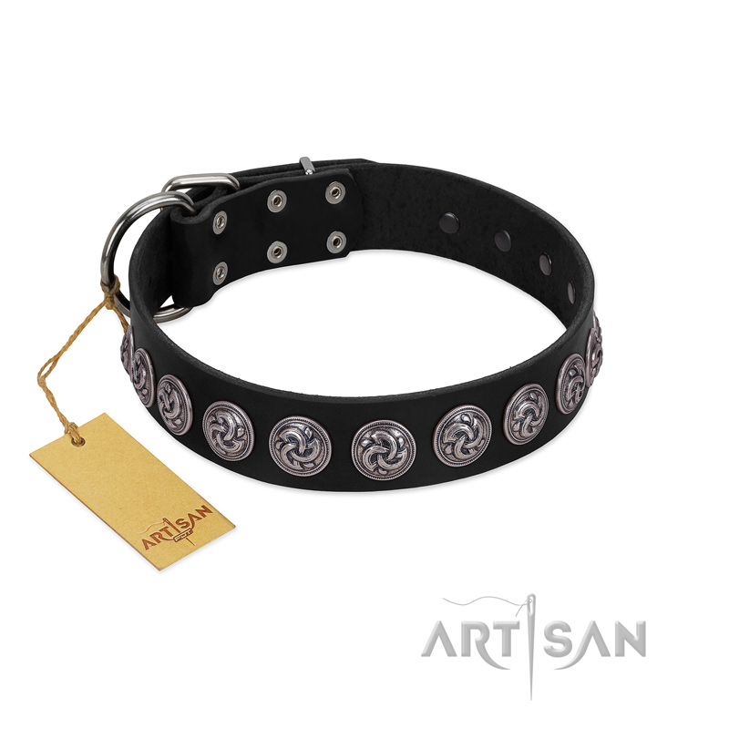 "Black Raven" Handmade FDT Artisan Black Leather Boxer Collar with Silver-Like Adornments - Click Image to Close